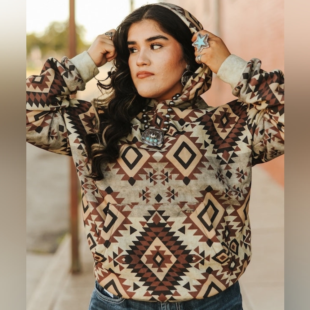 NWT Lucky And Blessed Western Brown Vintage Aztec Printed Drawstring Hoodie - Picture 2 of 6